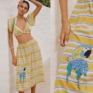 Celandine Sz L Copacabana Midi Skirt Rio Sunshine Stripe Parrot Anthropologie